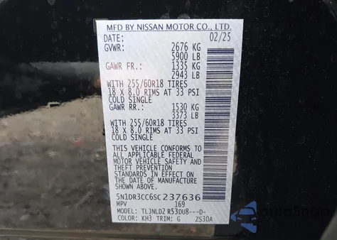 2025 Nissan Pathfinder Sl 4Wd from USA, damaged, VIN 5N1DR3CC6SC237636